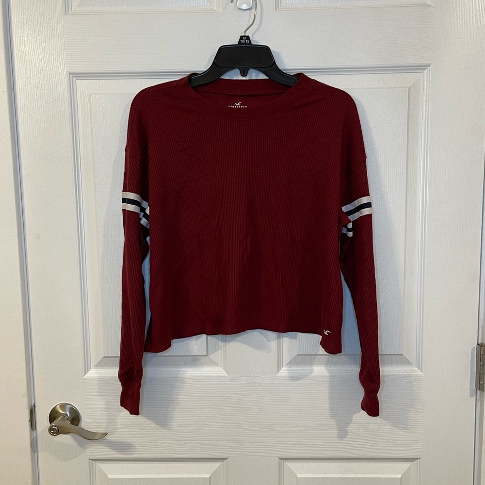 Hollister Burgundy Long Striped Sleeve Oversized Boyfriend Tee Shirt Size Small